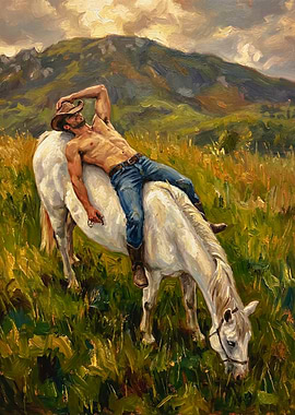 Cowboy Relaxing On White Horse