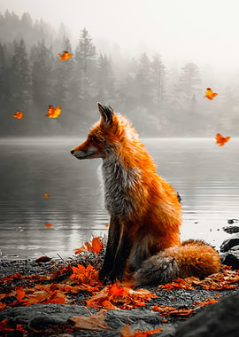 Red Fox In Autumn Landscape