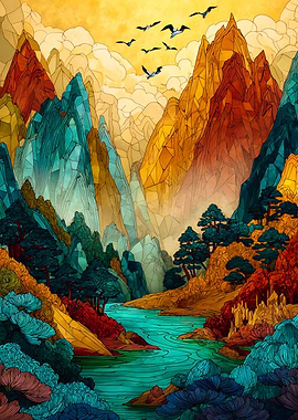 Vibrant Mountain Valley With Birds