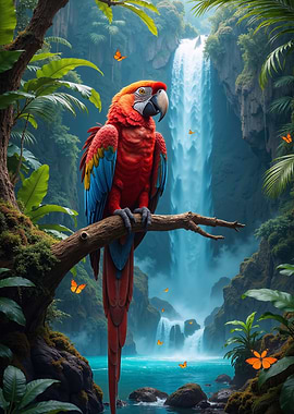 Scarlet Macaw by Waterfall