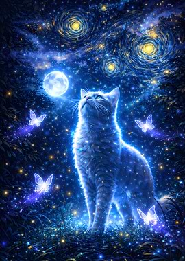 Enchanted Cat Under Starry Night Sky