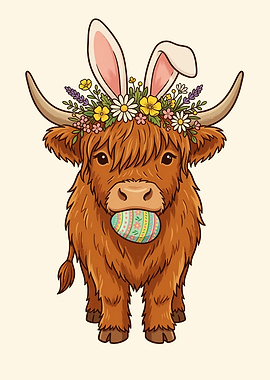 Highland Cow with Easter Egg and Bunny Ears