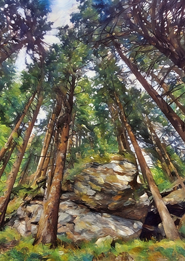 Forest scene with trees and rocks