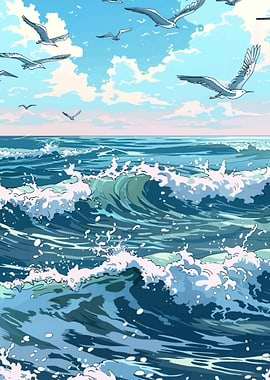 Seagulls over ocean waves