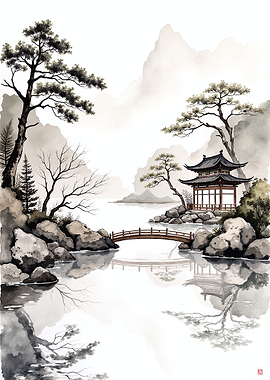 Japanese Garden with Pagoda and Bridge