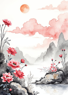 Watercolor Landscape with Pink Flowers and Mountains