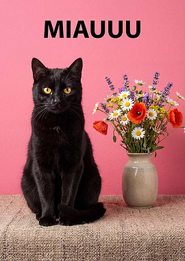 Black Cat with Flowers