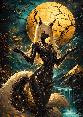 Fantasy Fox Woman Under a Golden Moon