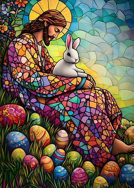 Jesus with Easter Bunny and Eggs