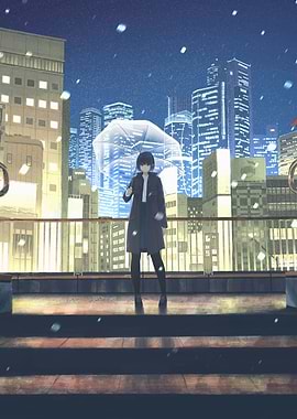 Girl with Umbrella in Snowy City