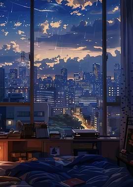 Anime Bedroom Window Cityscape at Night
