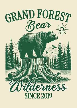 Grand Forest Bear Poster – Vintage Wilderness Wall Art – Rustic Forest Wildlife Illustration
