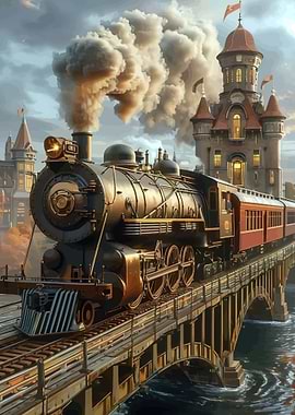 Steampunk Train Crossing a Bridge