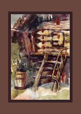 Rustic Wooden Cabin with Ladder and Barrel