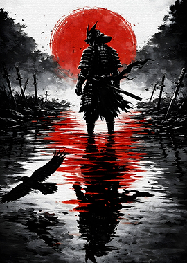 Samurai Warrior in Red Sun Reflection