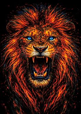 Roaring Lion with Fiery Mane