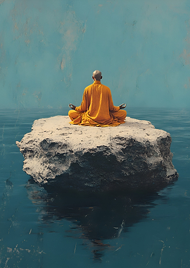 Monk meditating on a rock in the ocean