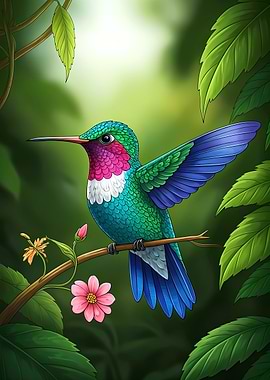 Hummingbird on a Branch with Flowers