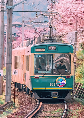 Train passing through cherry blossoms