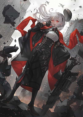 Anime Girl with Machine Gun in Ruined City