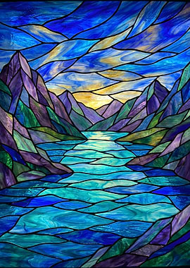 Stained Glass Mountain Lake Landscape