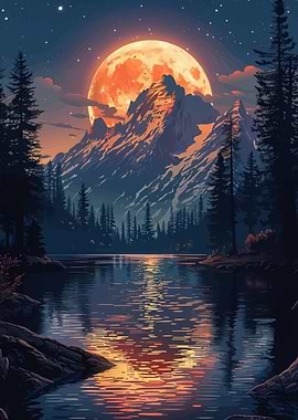 Moonlit Mountain Lake Landscape