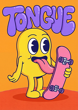 Cartoon Tongue Character with Skateboard
