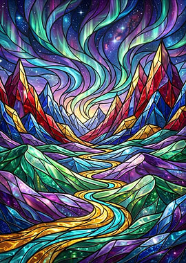 Stained Glass Aurora Mountains River