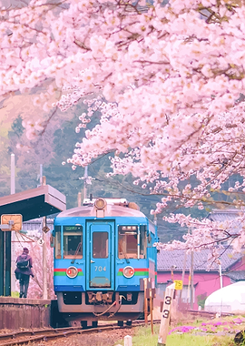 Train station with cherry blossoms