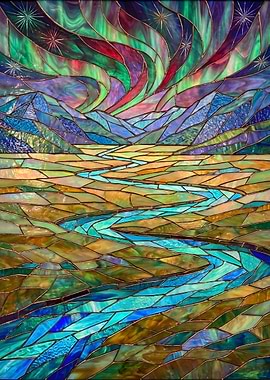 Stained Glass Aurora Borealis Landscape