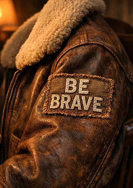 Brown Leather Jacket with 'BE BRAVE' Patch