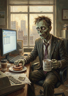 Zombie Office Worker with Coffee and Donut