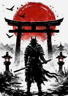 Samurai Warrior Under a Torii Gate