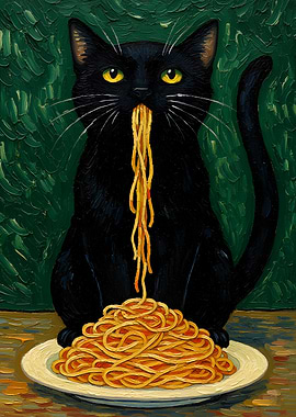 Black cat eating spaghetti