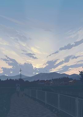 Person walking dog at sunset