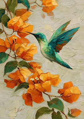 Hummingbird and Orange Bougainvillea