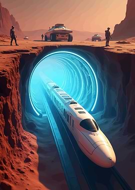 Futuristic Train in Martian Tunnel