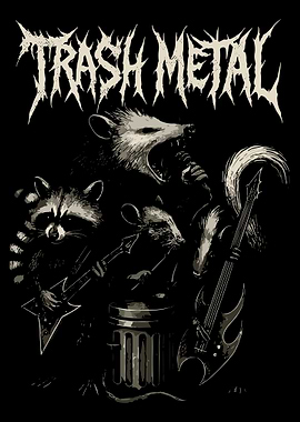 Trash Metal Poster, Funny Raccoon Possum Band Art, Dark Punk Animal Wall Print