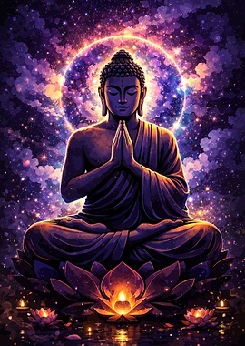 Buddha Meditating Amidst Cosmic Lotus