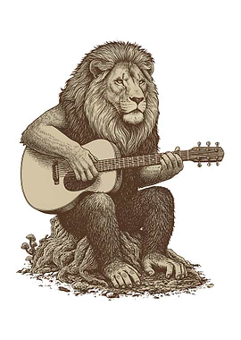 Lion playing guitar on a stump