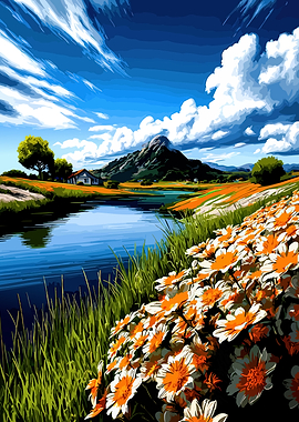 Vibrant Lakeside Landscape with Daisies
