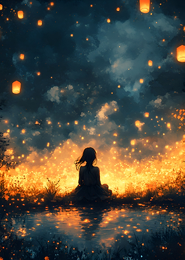 Girl Watching Lanterns Over Water