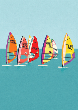 Windsurfers racing on a bright day