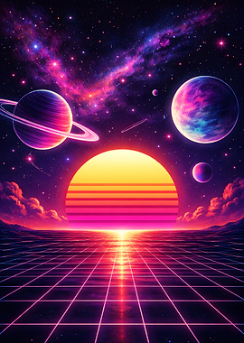 Retro Sunset Grid Landscape