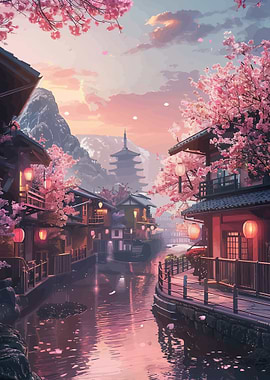 Serene Japanese Canal at Cherry Blossom