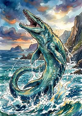 Mosasaurus Emerging from Water