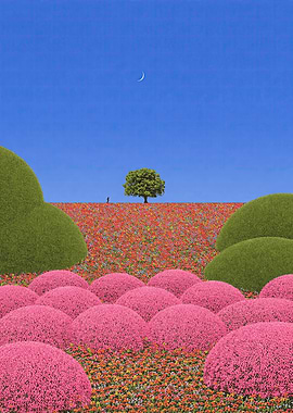 Surreal Floral Landscape with Lone Tree