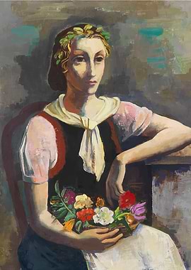 Woman with Flowers in Basket By Karl Hofer