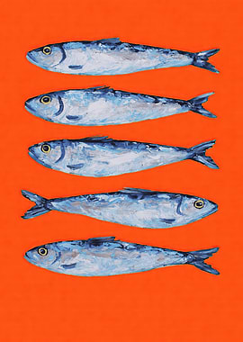 Five Sardines on Orange Background