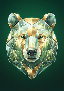 Geometric Bear Head with Forest Scene